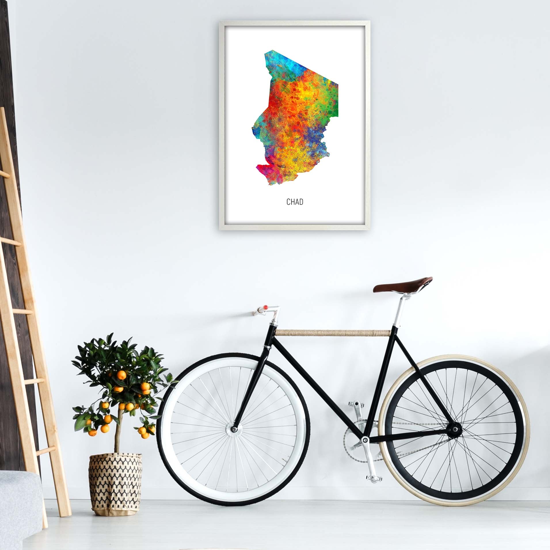 Chad Watercolour Map Art Print by Michael Tompsett A1 Oak Frame