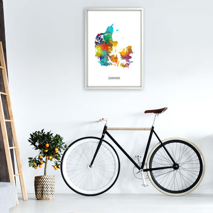 Danmark Watercolour Map Art Print by Michael Tompsett A1 Oak Frame