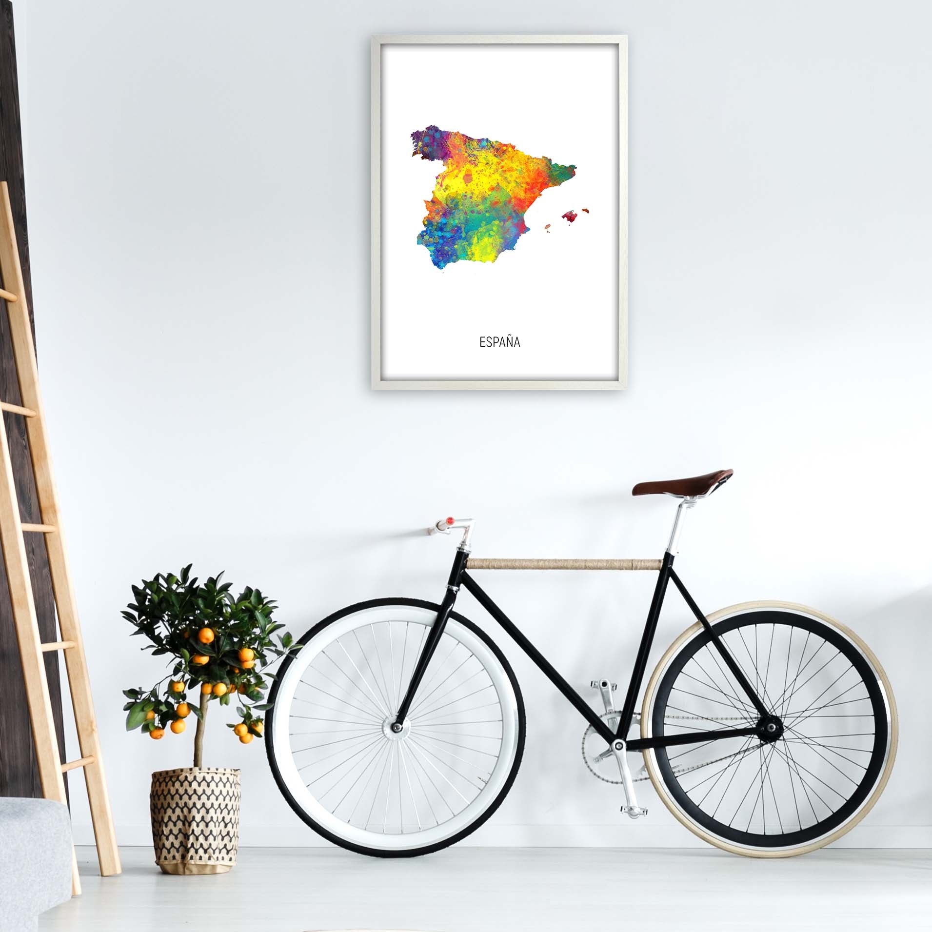 Espana Watercolour Map Art Print by Michael Tompsett A1 Oak Frame