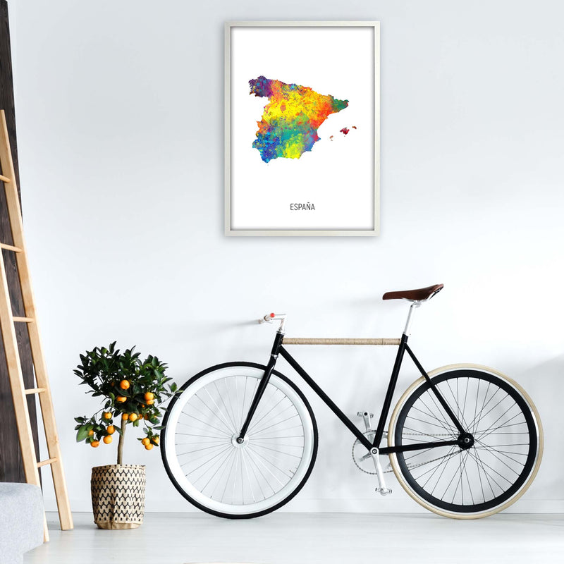 Espana Watercolour Map Art Print by Michael Tompsett A1 Oak Frame