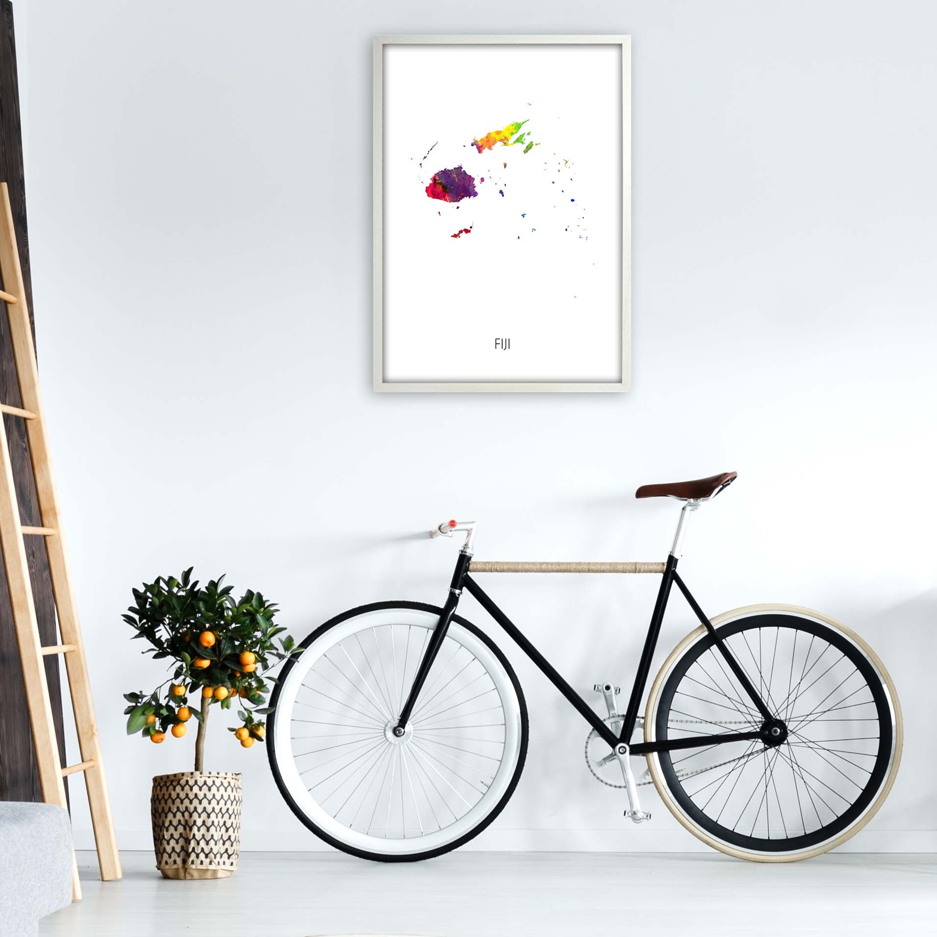 Fiji Watercolour Map Art Print by Michael Tompsett A1 Oak Frame
