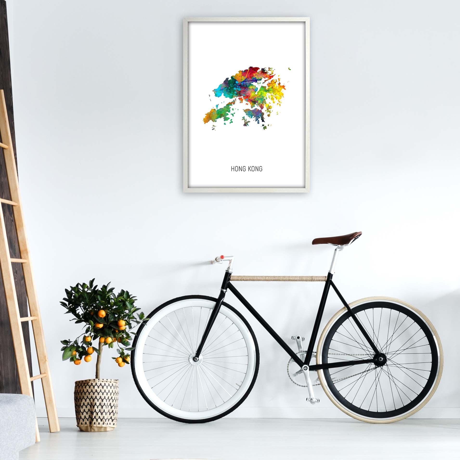 Hong Kong Watercolour Map Art Print by Michael Tompsett A1 Oak Frame