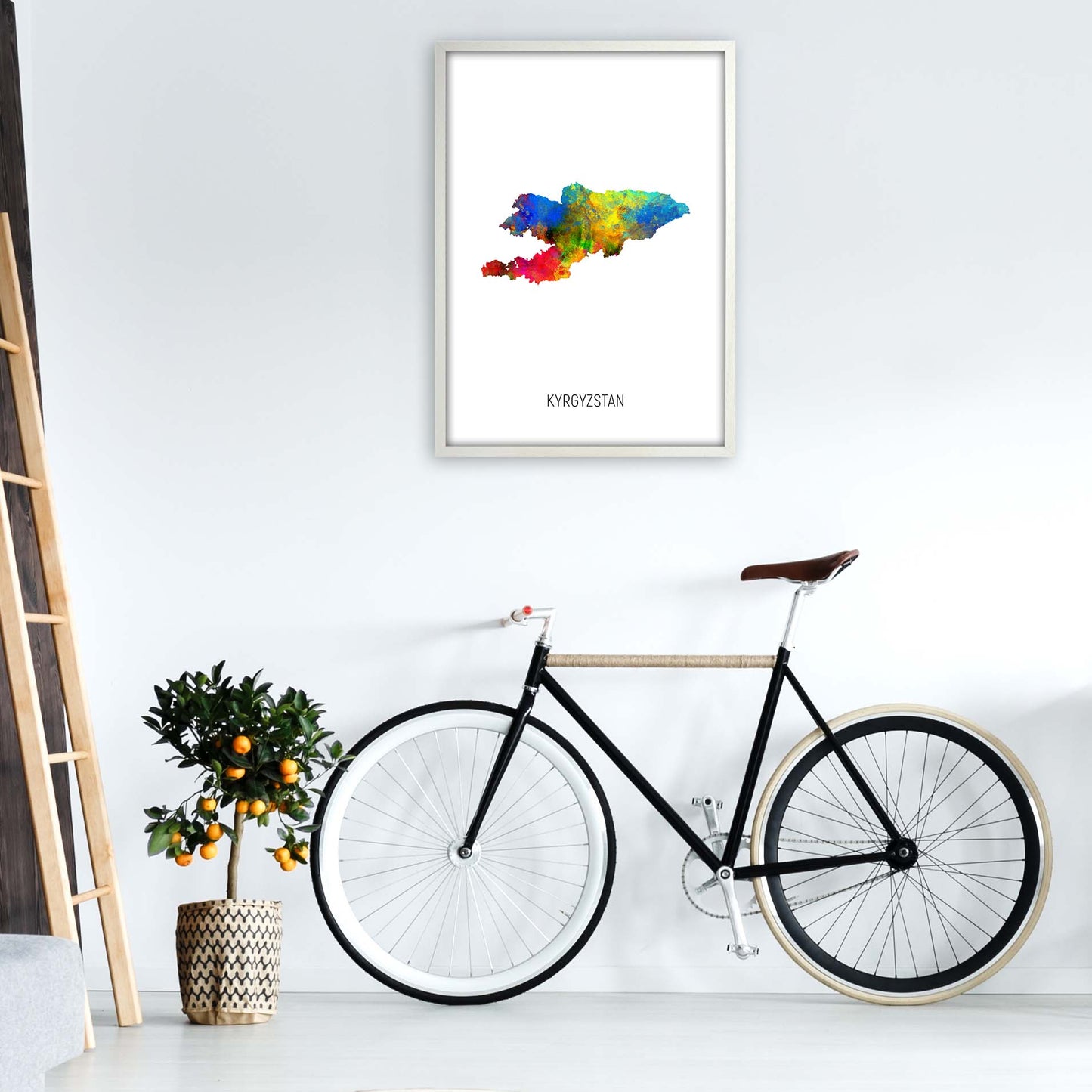 Kyrgyzstan Watercolour Map Art Print by Michael Tompsett A1 Oak Frame