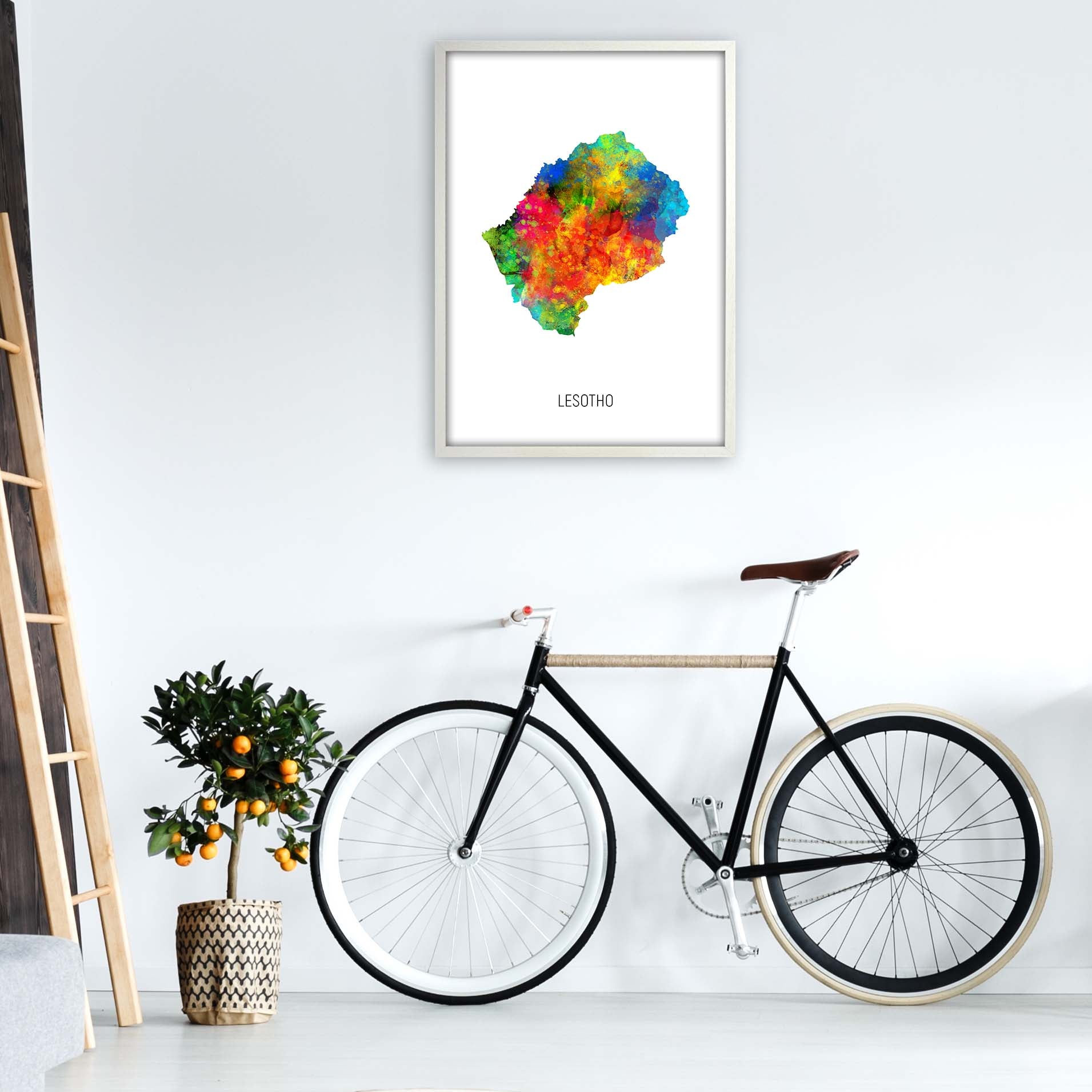 Lesotho Watercolour Map Art Print by Michael Tompsett A1 Oak Frame