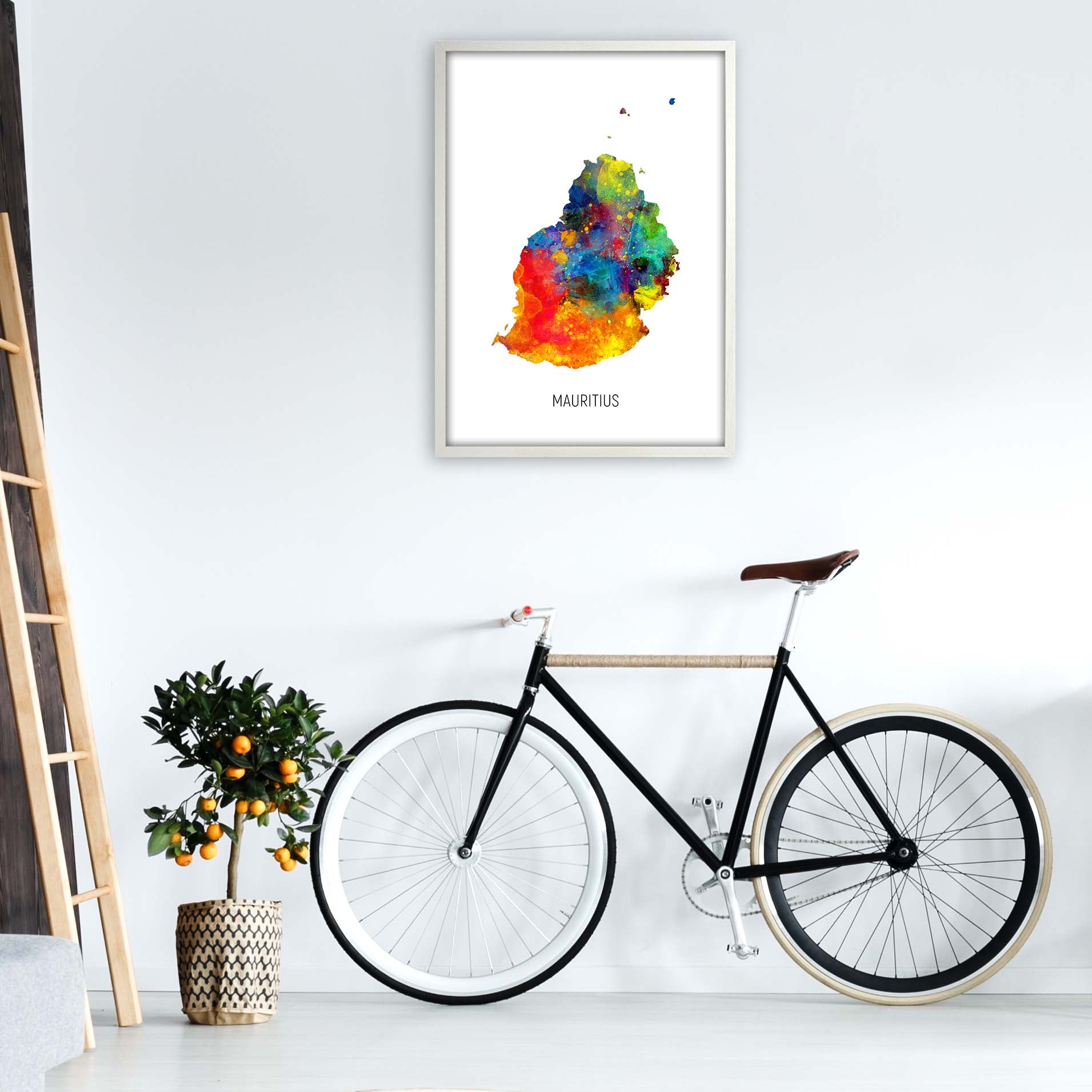 Mauritius Watercolour Map Art Print by Michael Tompsett A1 Oak Frame