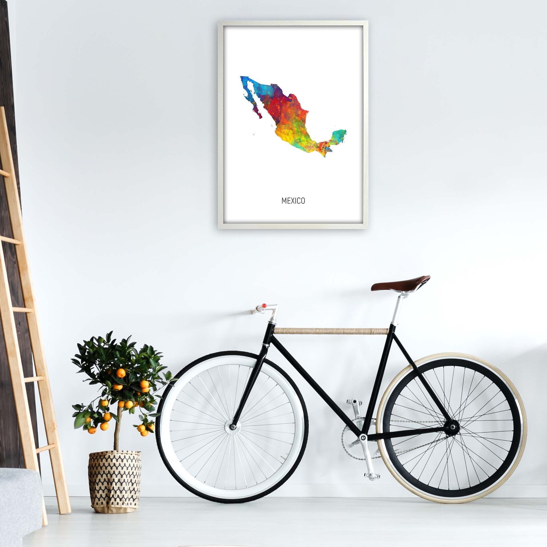 Mexico Watercolour Map Art Print by Michael Tompsett A1 Oak Frame