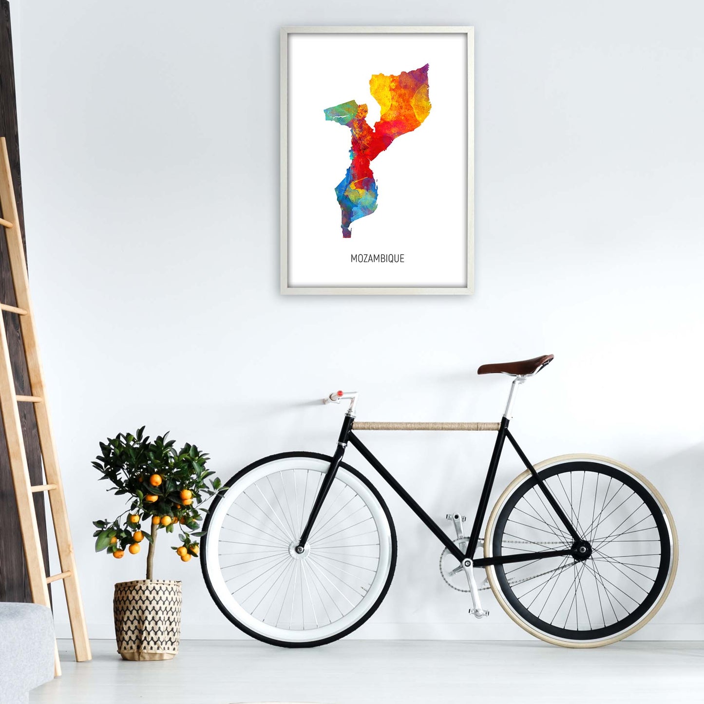 Mozambique Watercolour Map Art Print by Michael Tompsett A1 Oak Frame