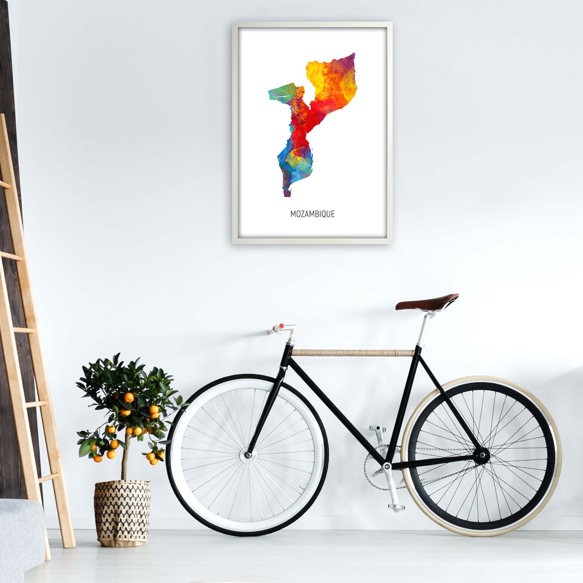 Mozambique Watercolour Map Art Print by Michael Tompsett A1 Oak Frame