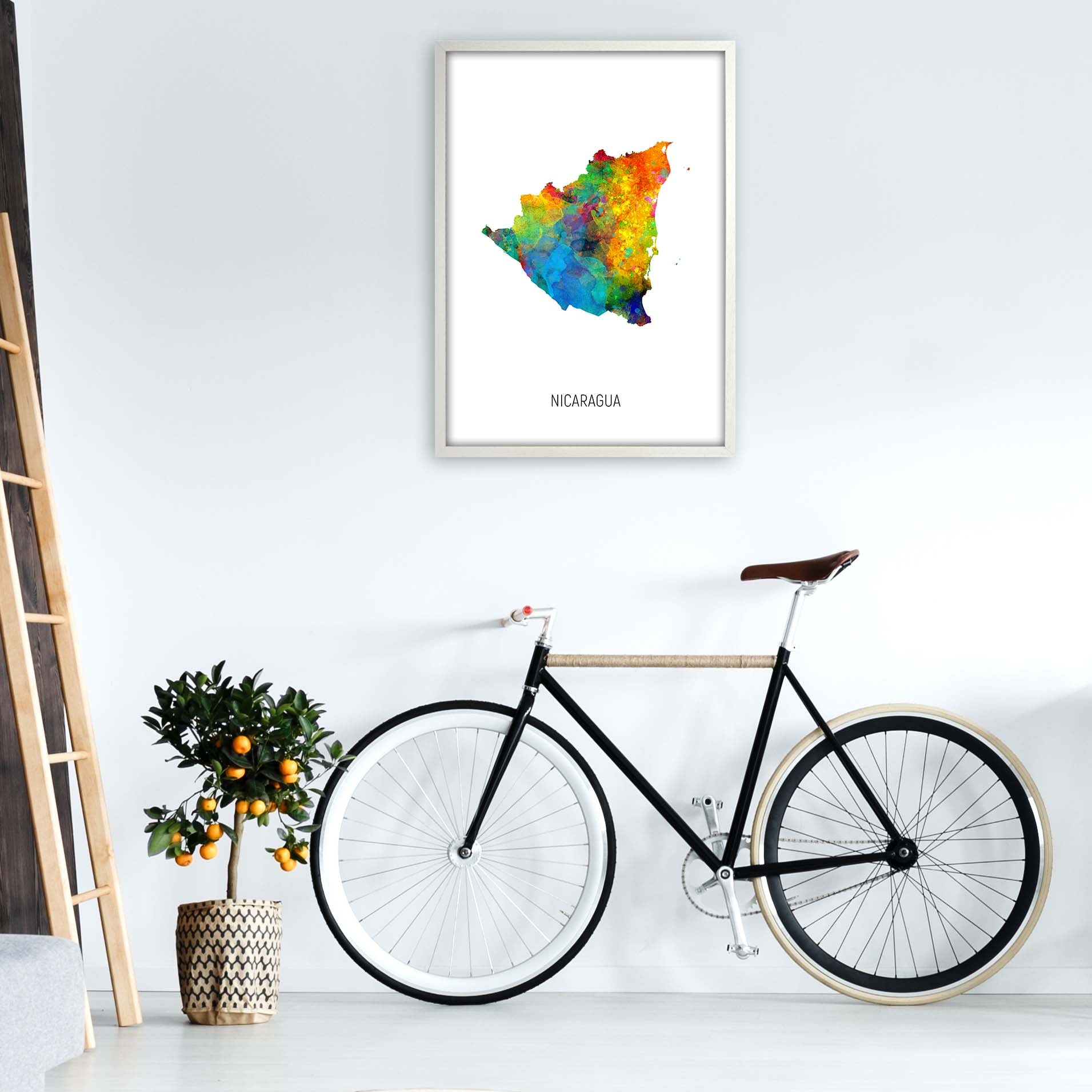 Nicaragua Watercolour Map Art Print by Michael Tompsett A1 Oak Frame