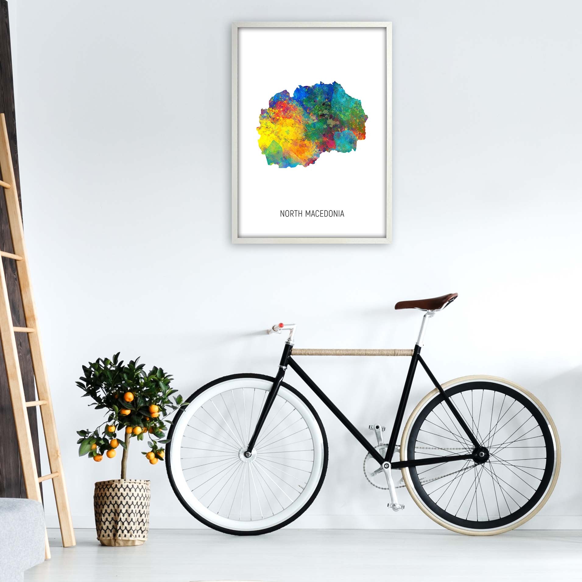 North Macedonia Watercolour Map Art Print by Michael Tompsett A1 Oak Frame
