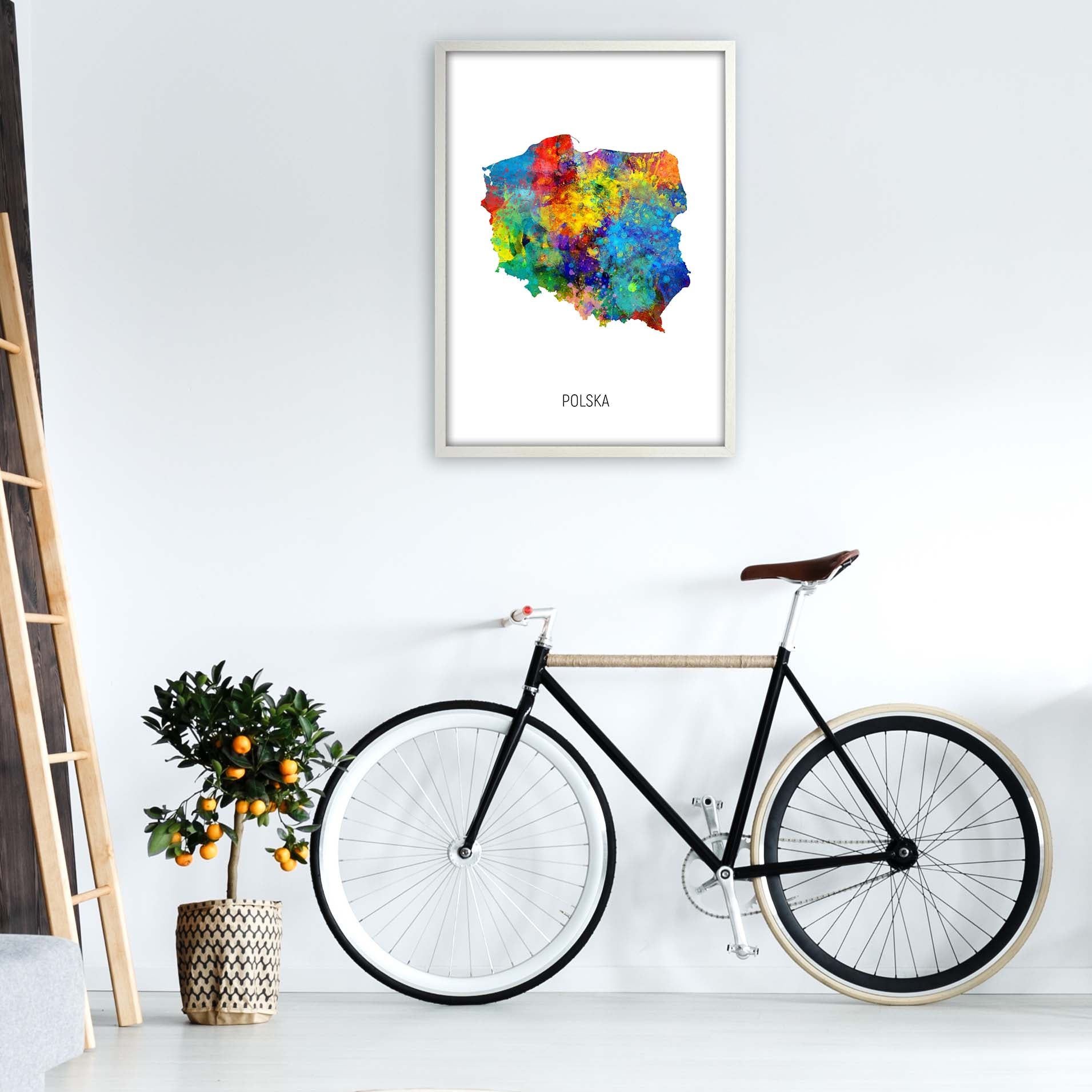 Polska Watercolour Map Art Print by Michael Tompsett A1 Oak Frame