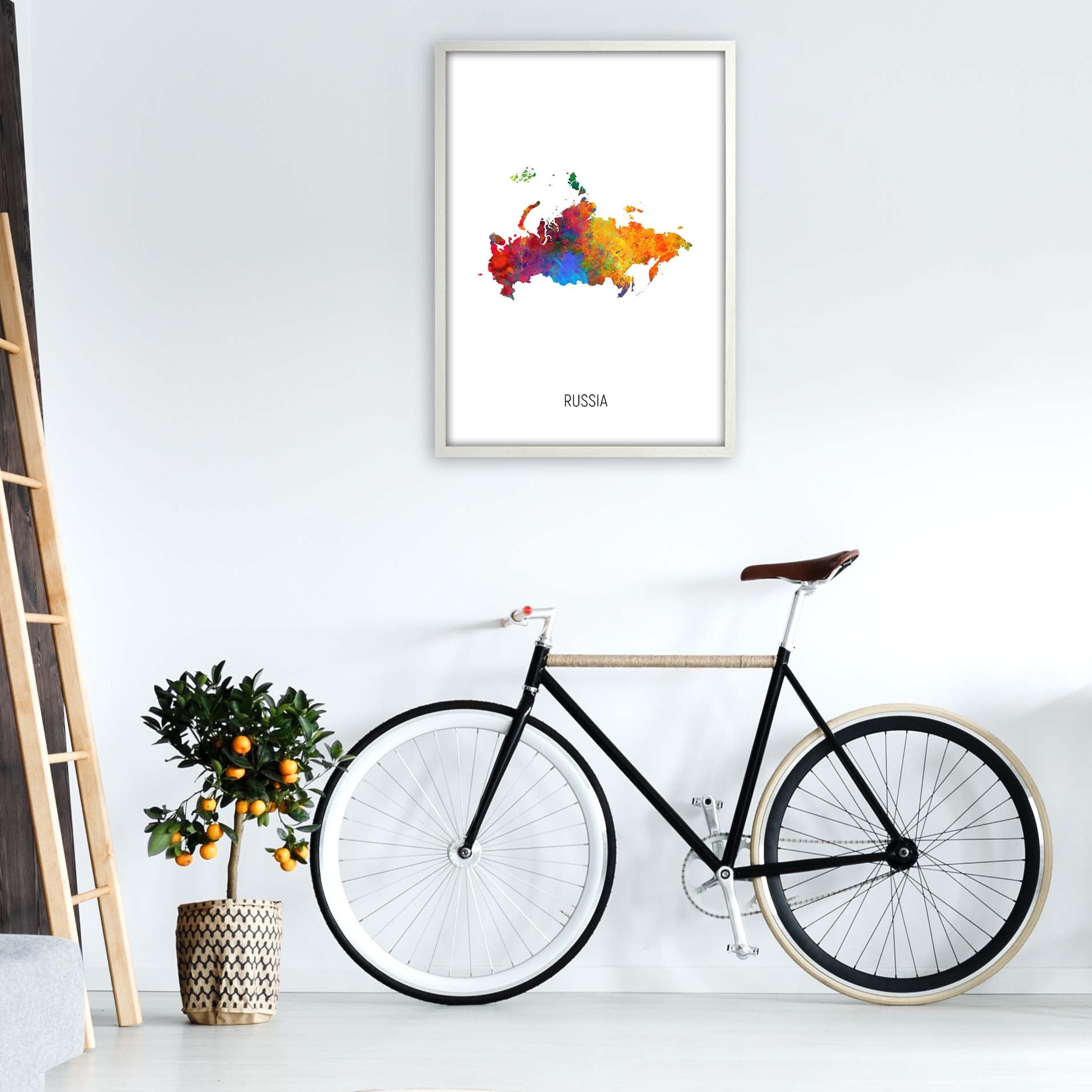 Russia Watercolour Map Art Print by Michael Tompsett A1 Oak Frame