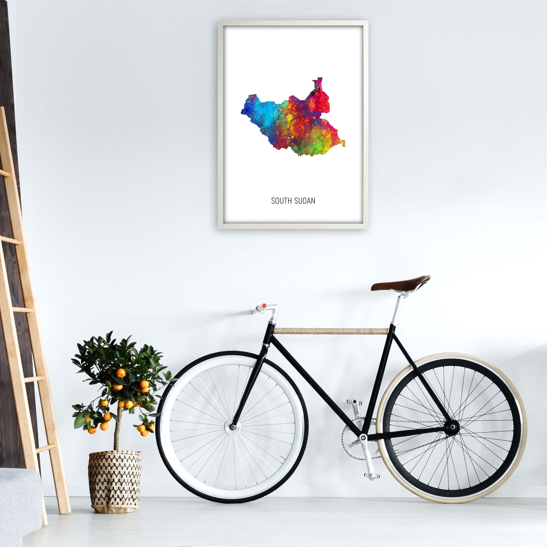 South Sudan Watercolour Map Art Print by Michael Tompsett A1 Oak Frame