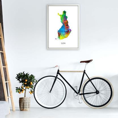 Suomi Watercolour Map Art Print by Michael Tompsett A1 Oak Frame