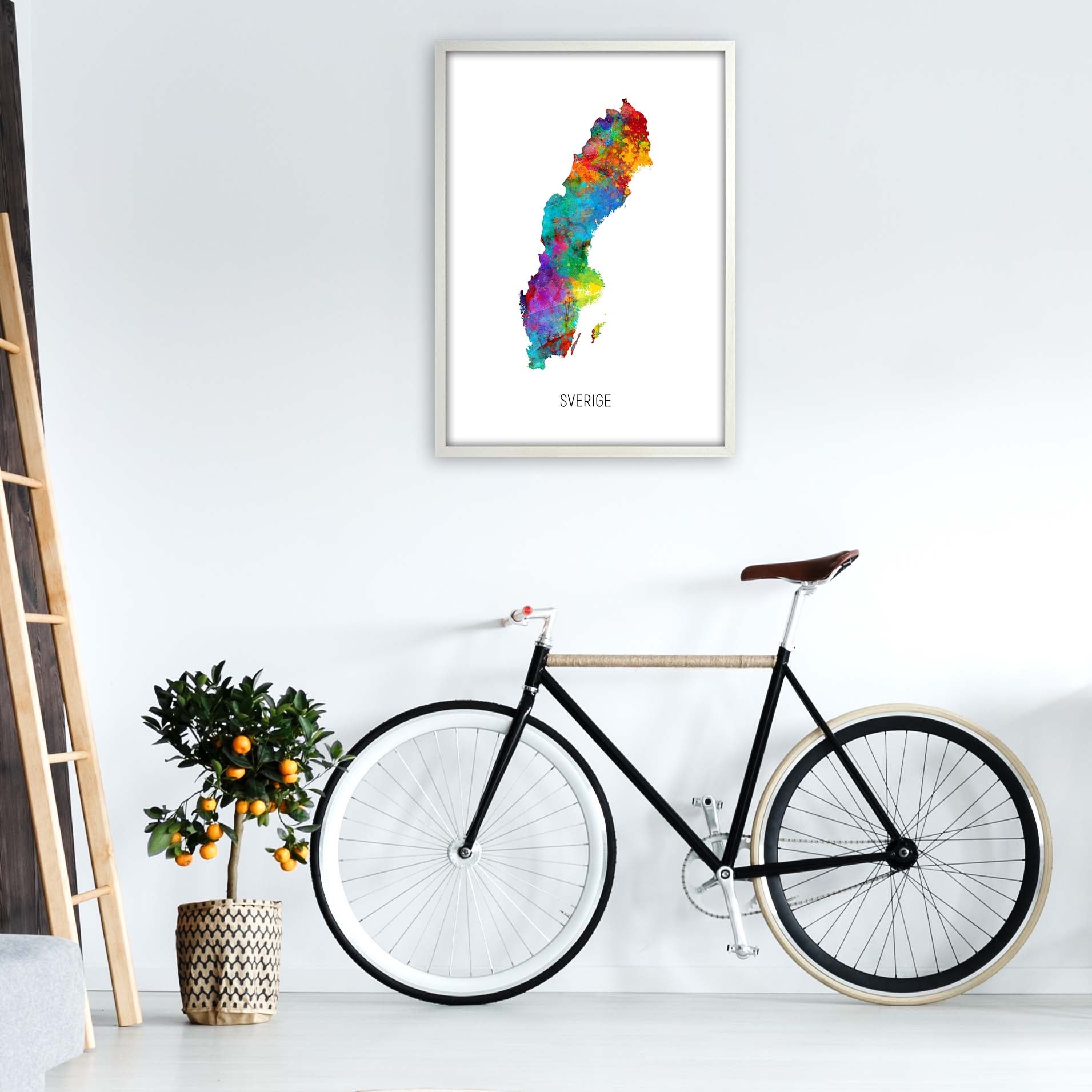 Sverige Watercolour Map Art Print by Michael Tompsett A1 Oak Frame