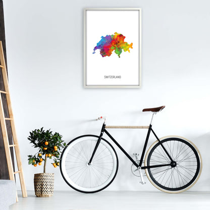 Switzerland Watercolour Map Art Print by Michael Tompsett A1 Oak Frame