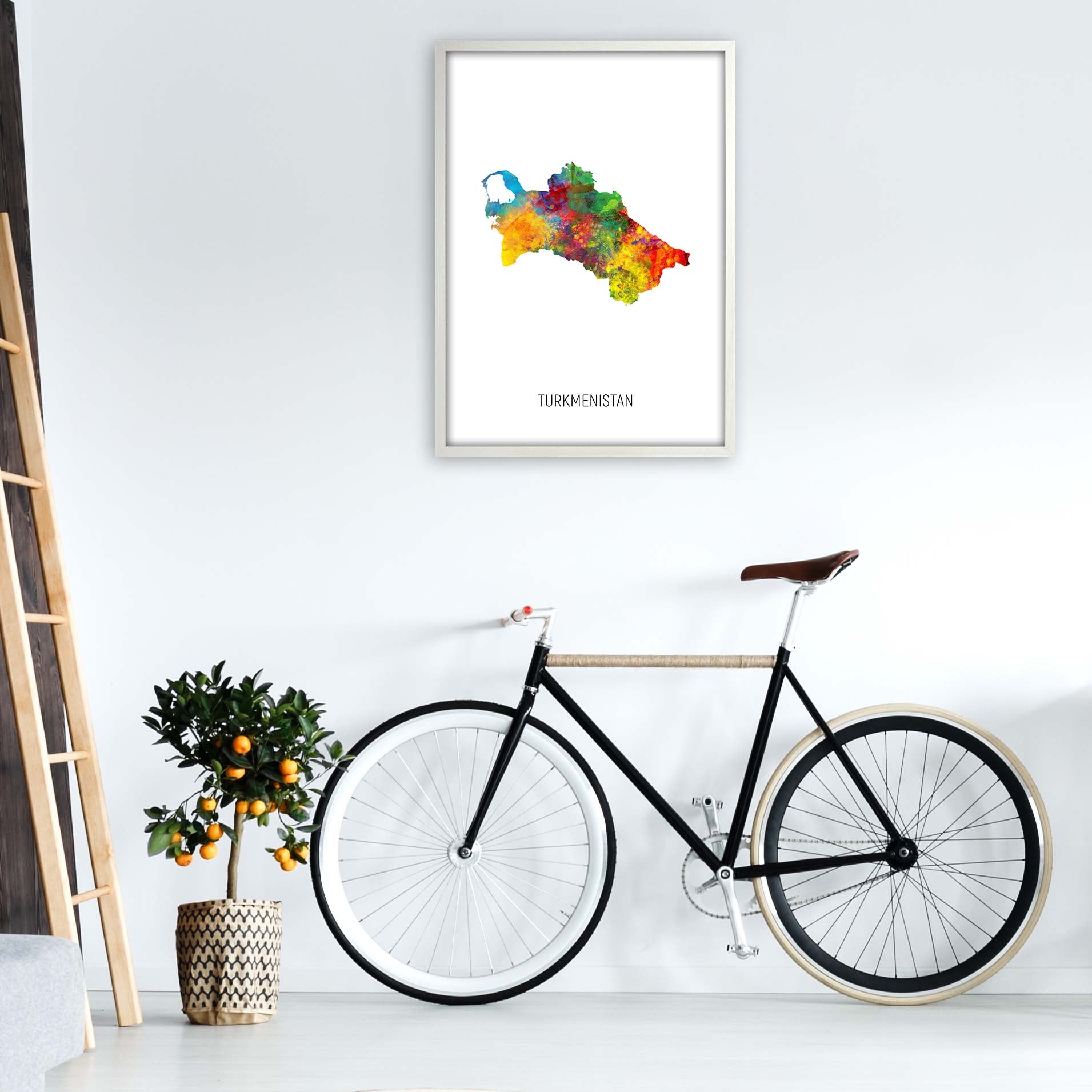 Turkmenistan Watercolour Map Art Print by Michael Tompsett A1 Oak Frame