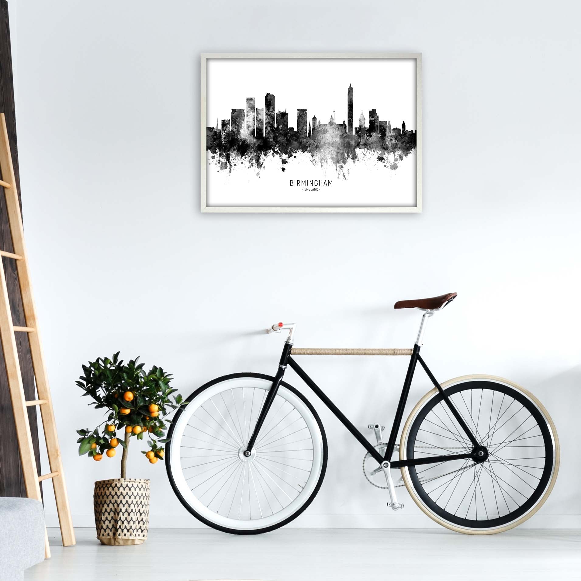 Birmingham England Skyline Black White City Name  by Michael Tompsett A1 Oak Frame