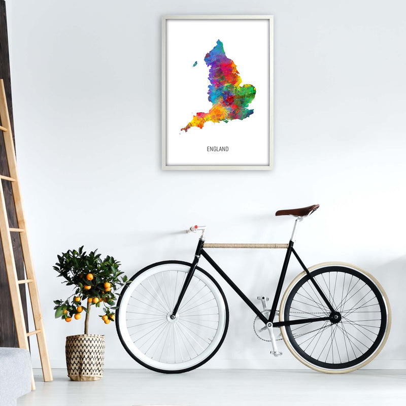 England Watercolour Map Art Print by Michael Tompsett A1 Oak Frame