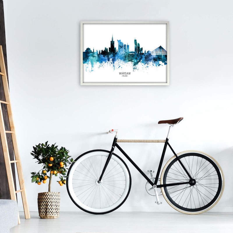 Warsaw Poland Skyline Blue City Name  by Michael Tompsett A1 Oak Frame