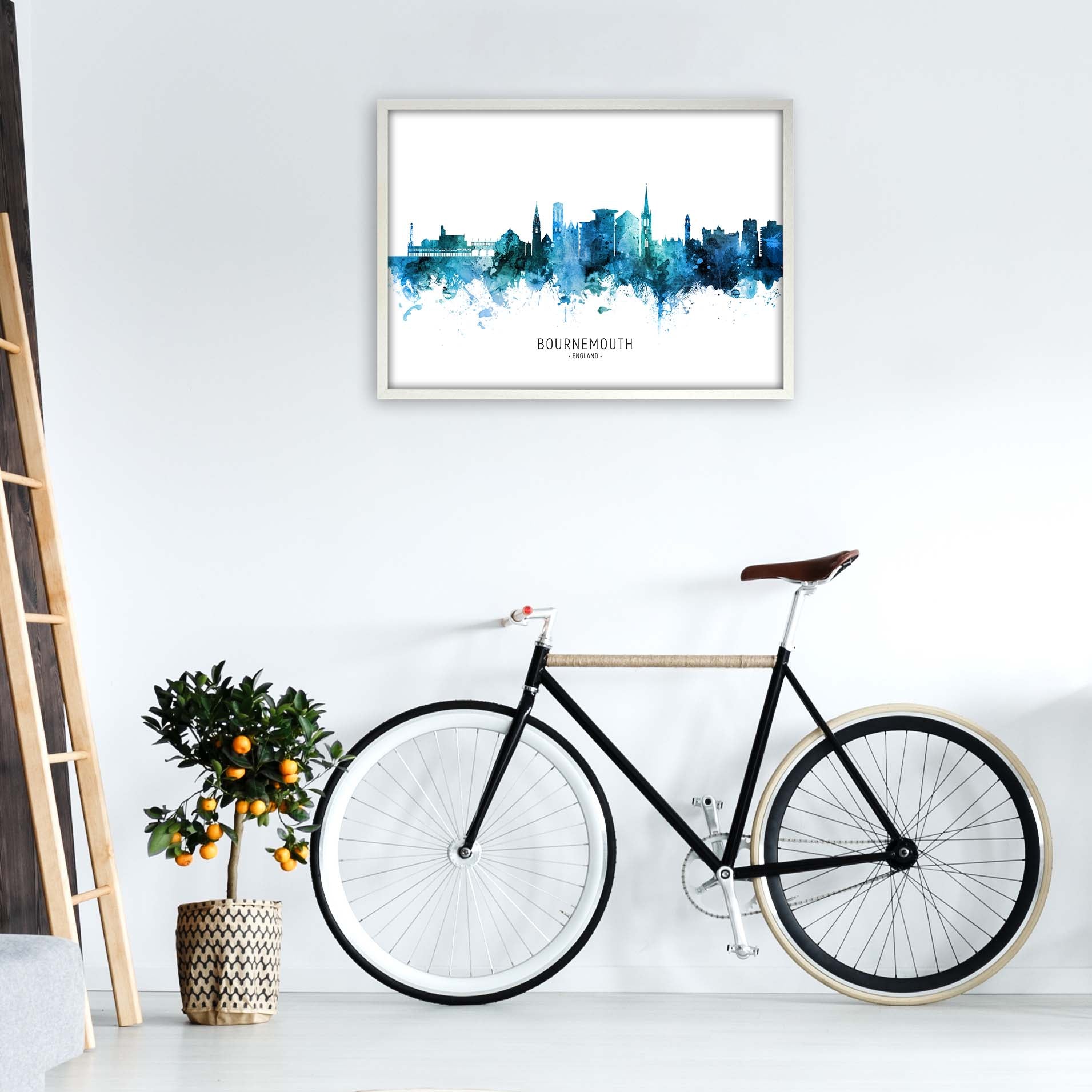 Bournemouth England Skyline Blue City Name  by Michael Tompsett A1 Oak Frame