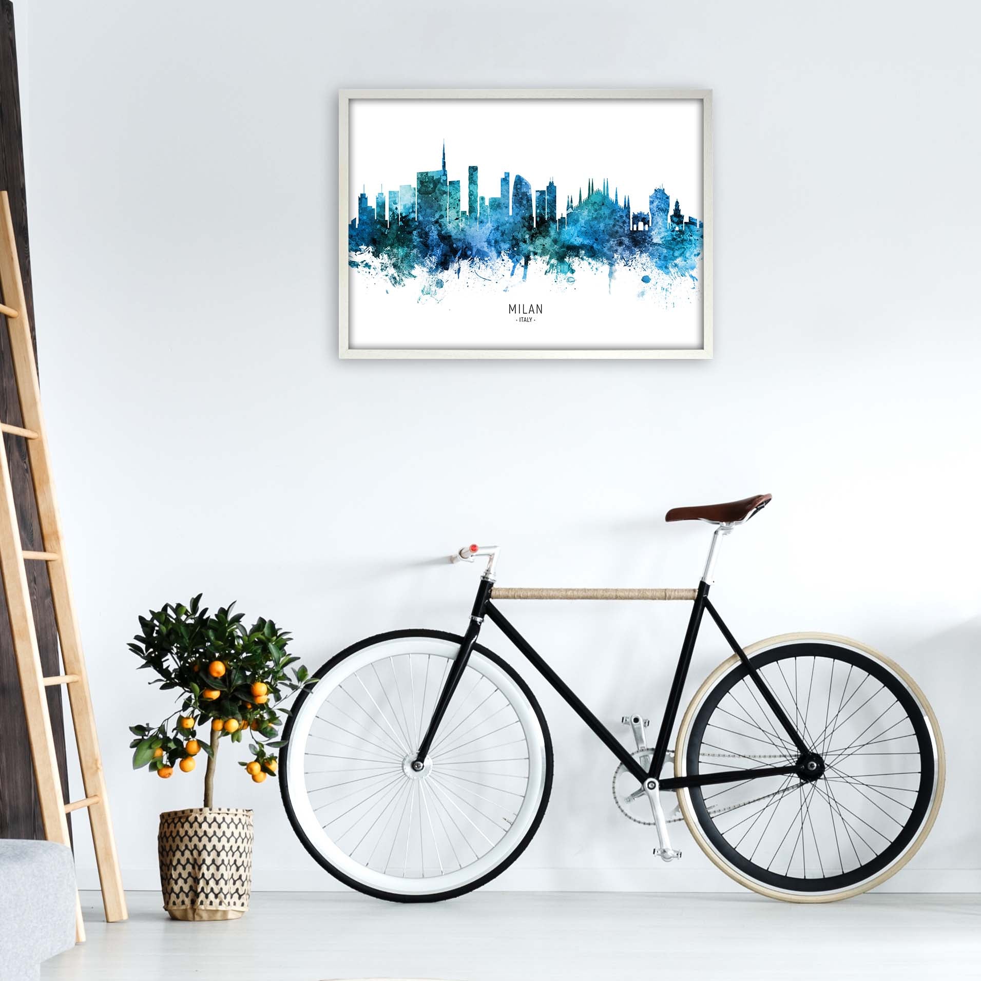 Milan Italy Skyline Blue City Name Print by Michael Tompsett A1 Oak Frame