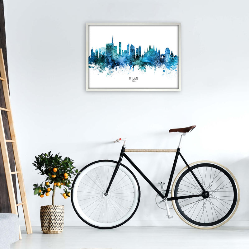 Milan Italy Skyline Blue City Name Print by Michael Tompsett A1 Oak Frame