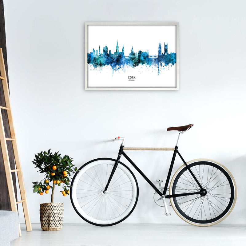 Cork Ireland Skyline Blue City Name Print by Michael Tompsett A1 Oak Frame