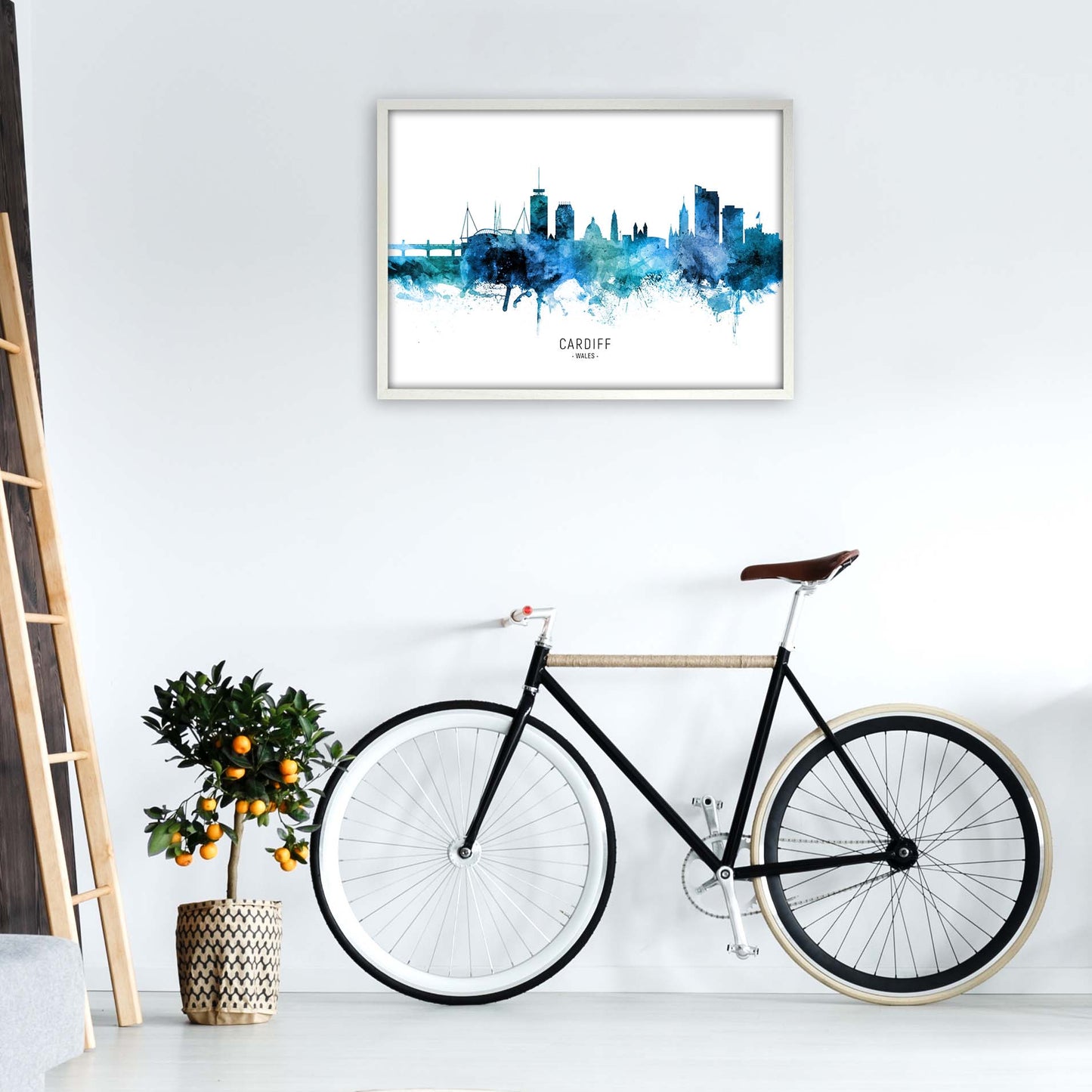 Cardiff Wales Skyline Blue City Name  by Michael Tompsett A1 Oak Frame