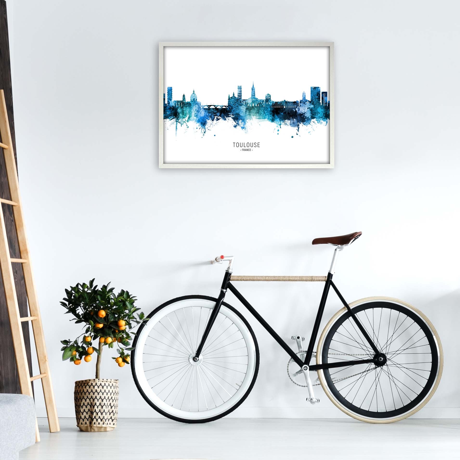 Toulouse France Skyline Blue City Name  by Michael Tompsett A1 Oak Frame