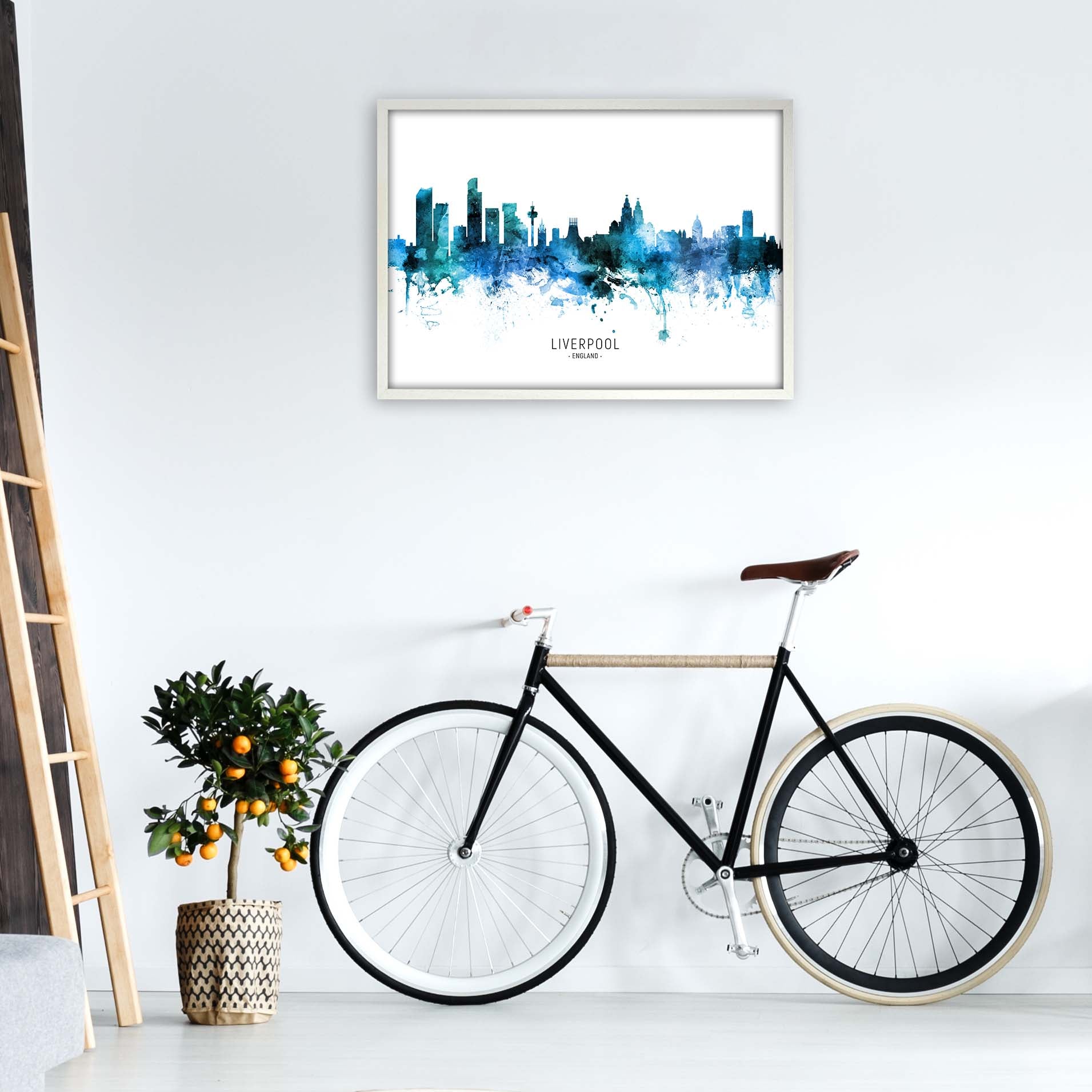 Liverpool England Skyline Blue City Name  by Michael Tompsett A1 Oak Frame