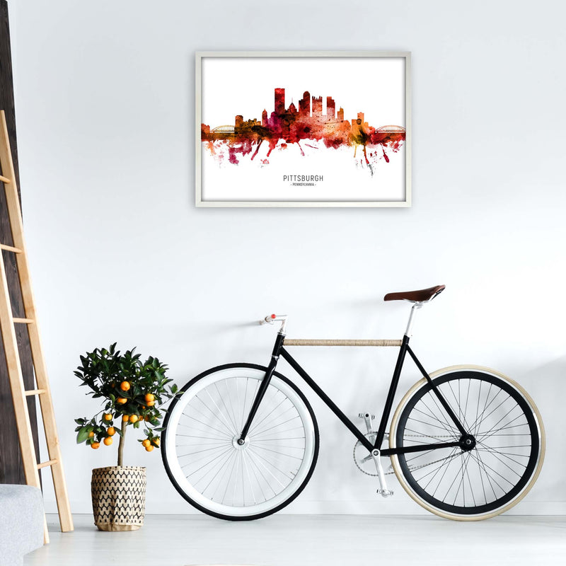 Pittsburgh Pennsylvania Skyline Red City Name  by Michael Tompsett A1 Oak Frame