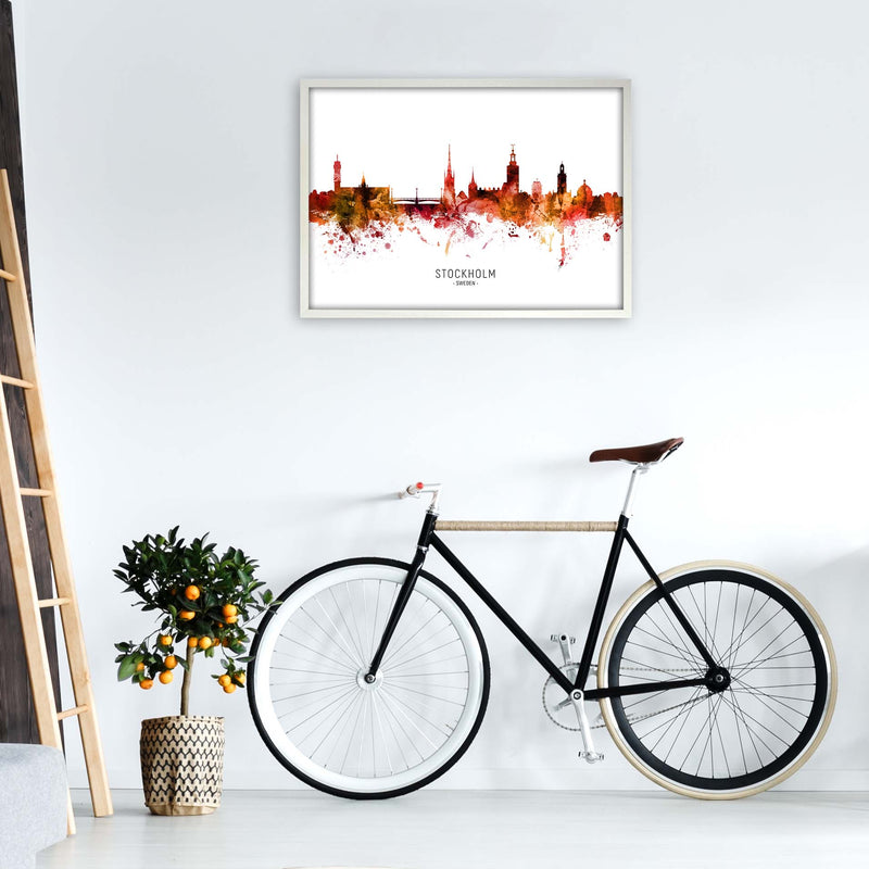 Stockholm Sweden Skyline Red City Name  by Michael Tompsett A1 Oak Frame
