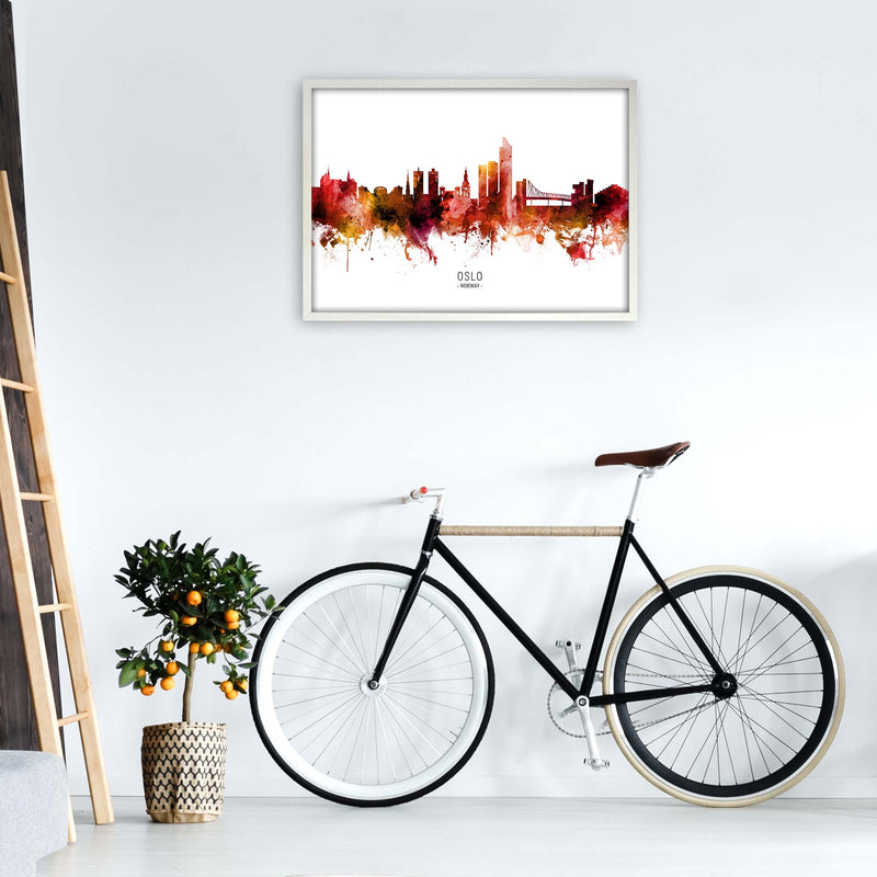 Oslo Norway Skyline Red City Name Print by Michael Tompsett A1 Oak Frame