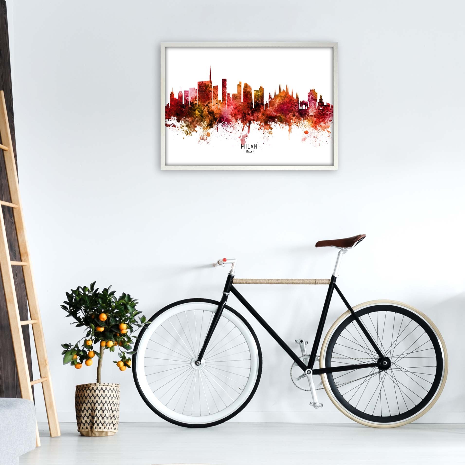 Milan Italy Skyline Red City Name Print by Michael Tompsett A1 Oak Frame