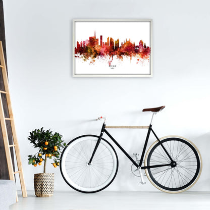 Milan Italy Skyline Red City Name Print by Michael Tompsett A1 Oak Frame