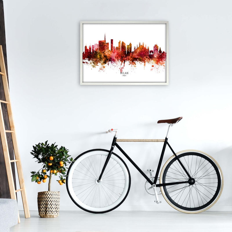 Milan Italy Skyline Red City Name Print by Michael Tompsett A1 Oak Frame