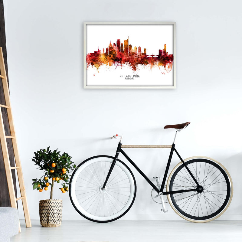 Philadelphia Pennsylvania Skyline Red City Name  by Michael Tompsett A1 Oak Frame