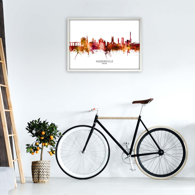 Huddersfield England Skyline Red City Name  by Michael Tompsett A1 Oak Frame