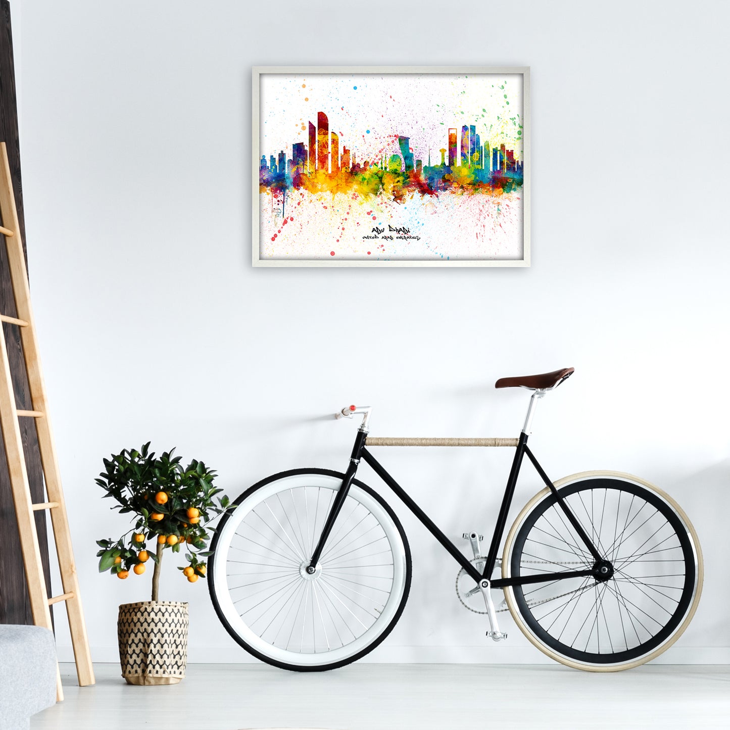 Abu Dhabi United Arab Emirates Skyline Splash Art Print by Michael Tompsett A1 Oak Frame