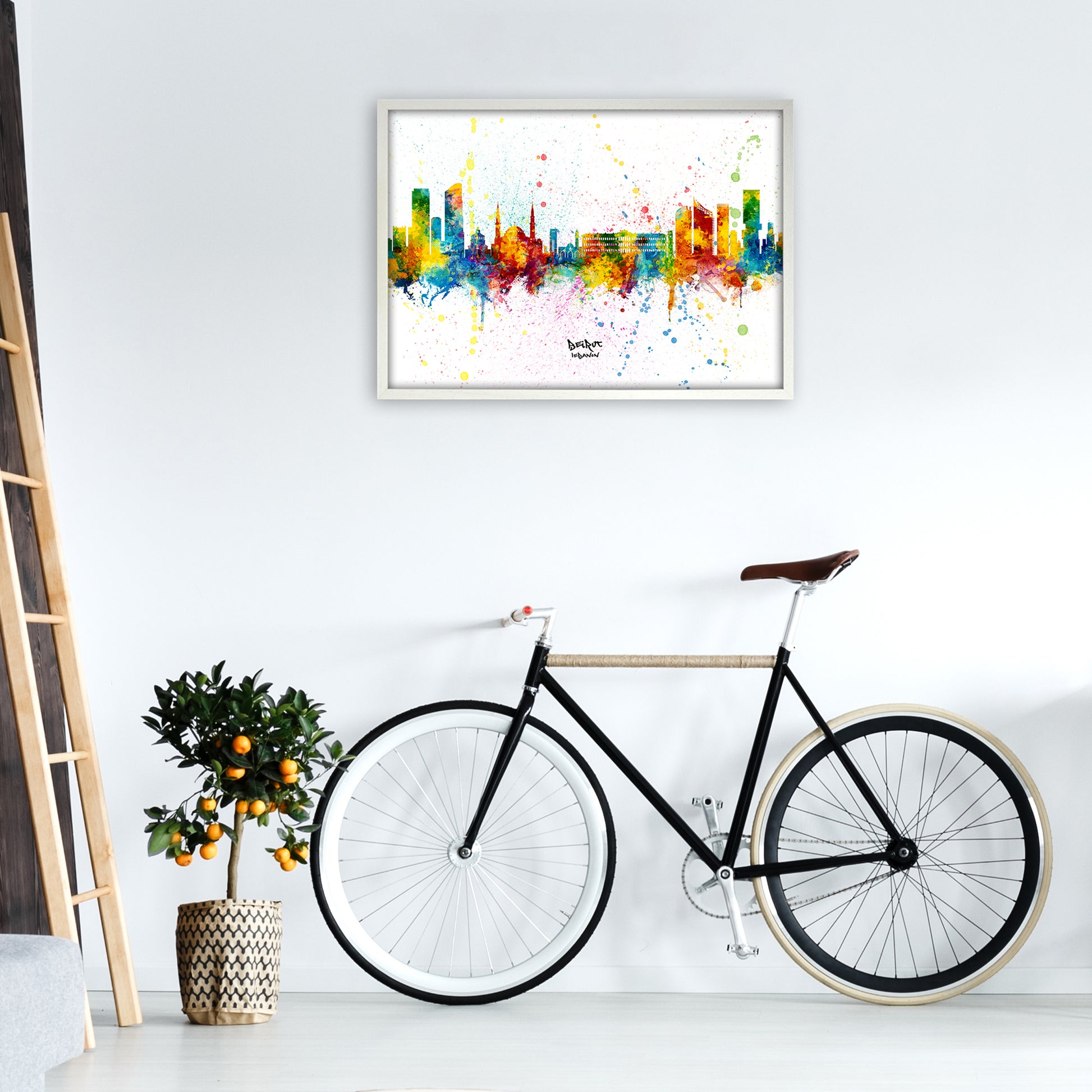 Beirut Lebanon Skyline Splash Art Print by Michael Tompsett A1 Oak Frame