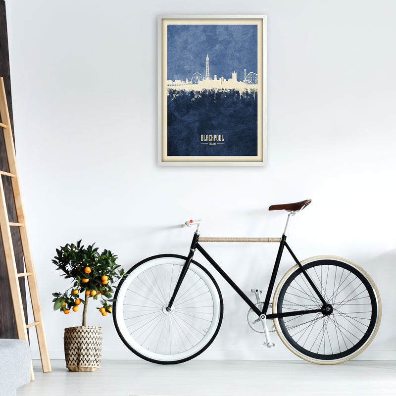 Blackpool England Skyline Portrait Navy Art Print by Michael Tompsett A1 Oak Frame