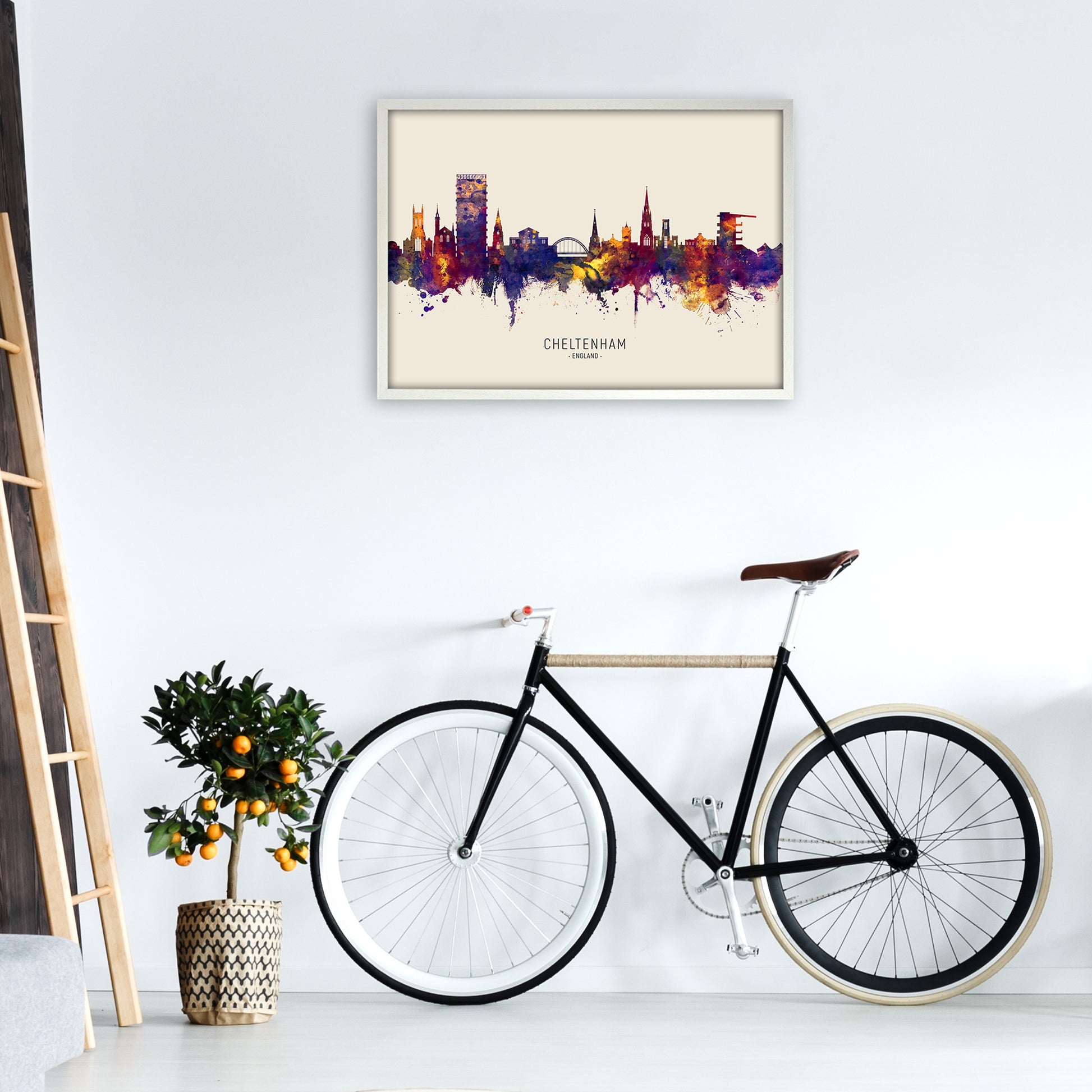 Cheltenham England Skyline Autumn City Name Art Print by Michael Tompsett A1 Oak Frame