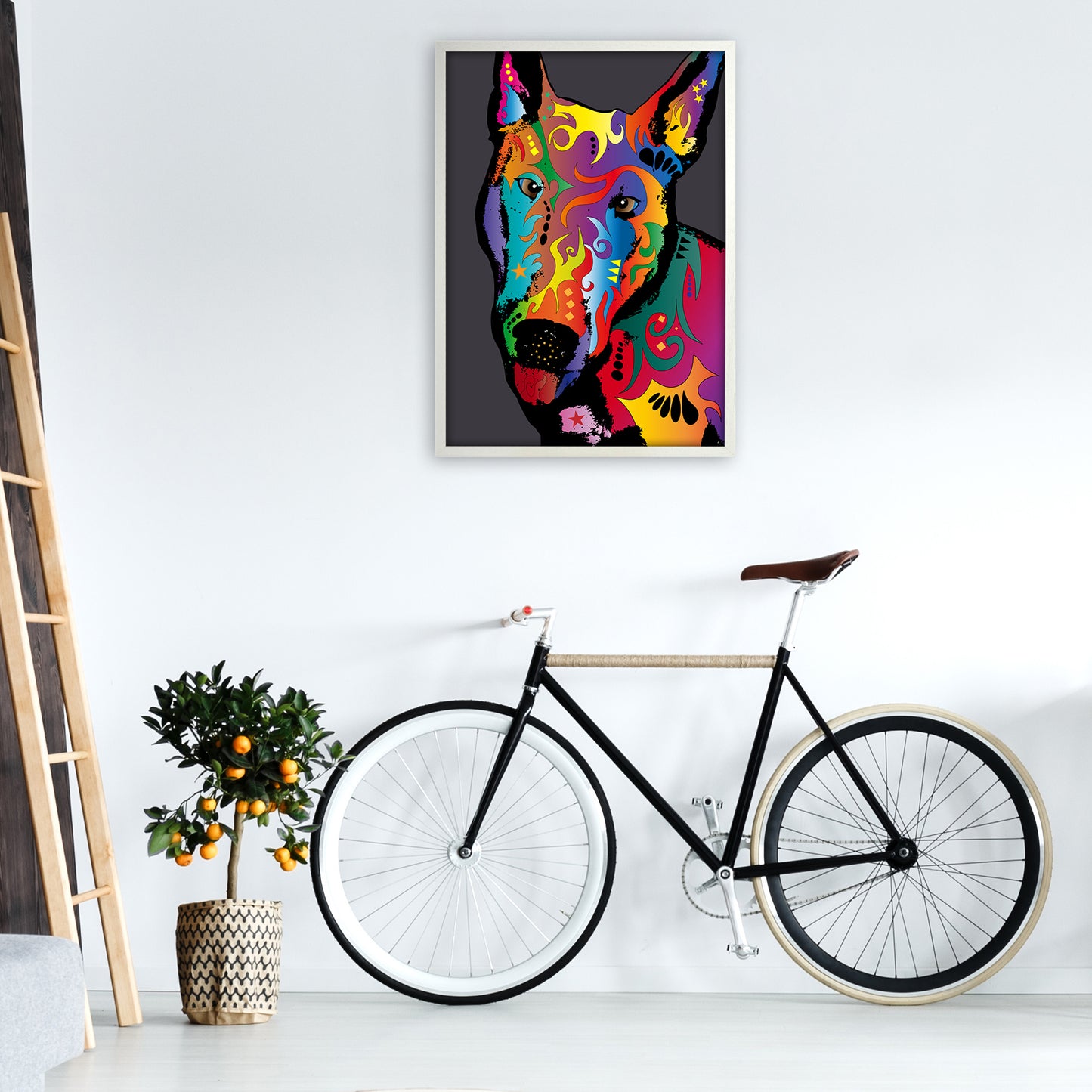 English Bull Terrier Dog Art Print by Michael Tompsett A1 Oak Frame