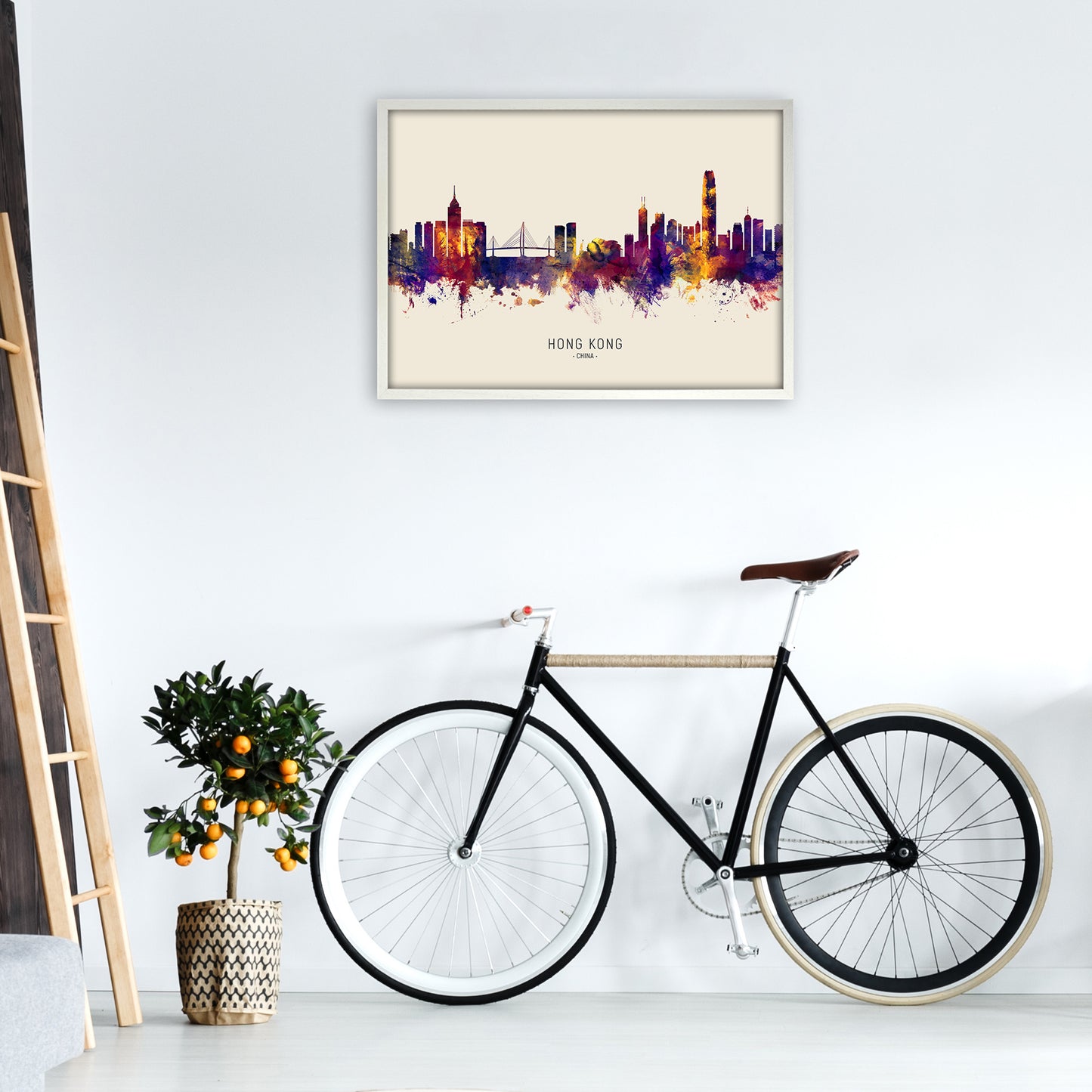 Hong Kong China Skyline Autumn City Name Art Print by Michael Tompsett A1 Oak Frame