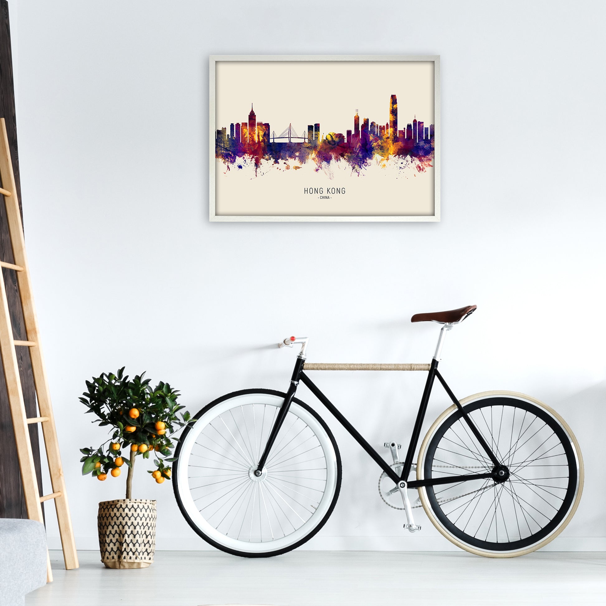 Hong Kong China Skyline Autumn City Name Art Print by Michael Tompsett A1 Oak Frame