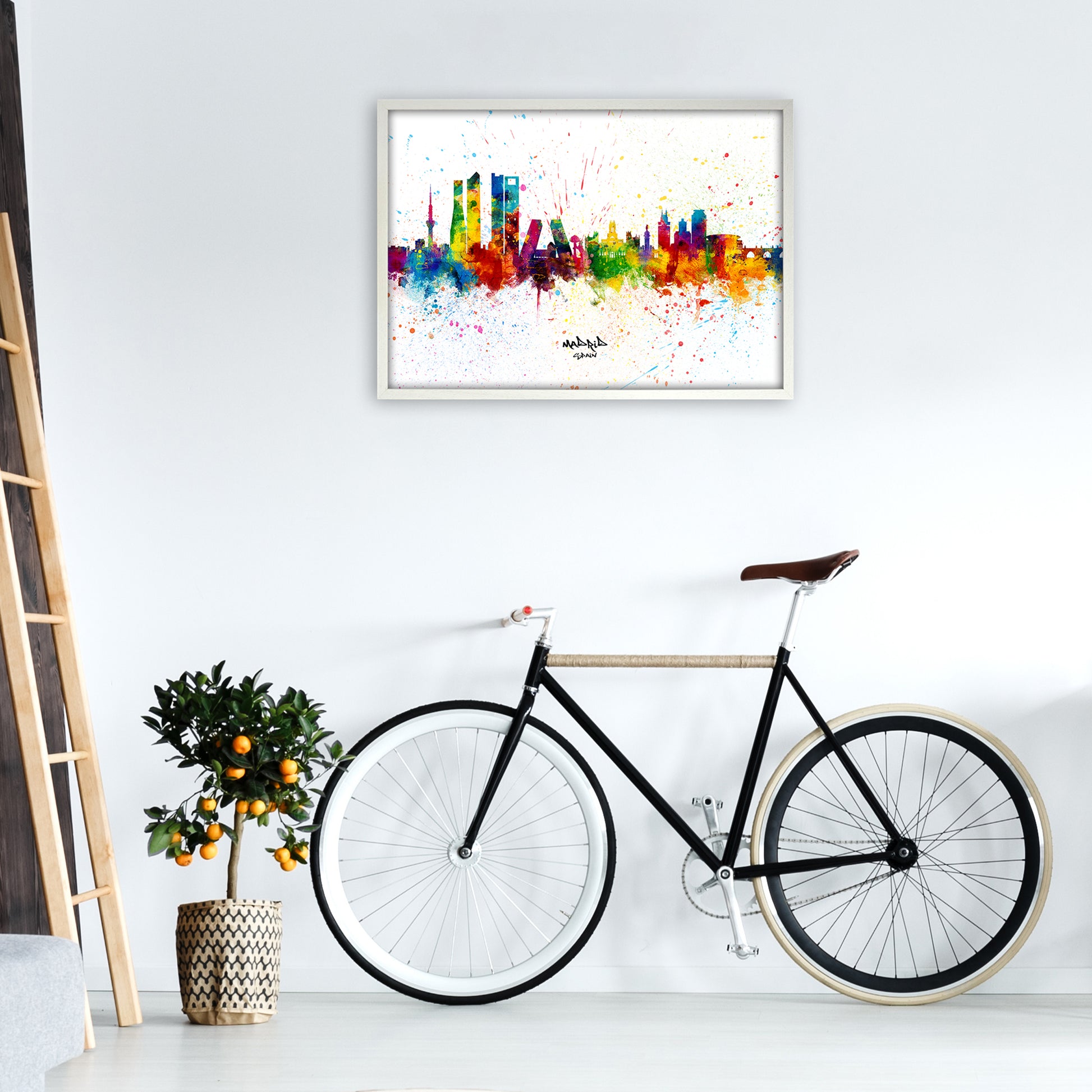 Madrid Spain Skyline Splash Art Print by Michael Tompsett A1 Oak Frame
