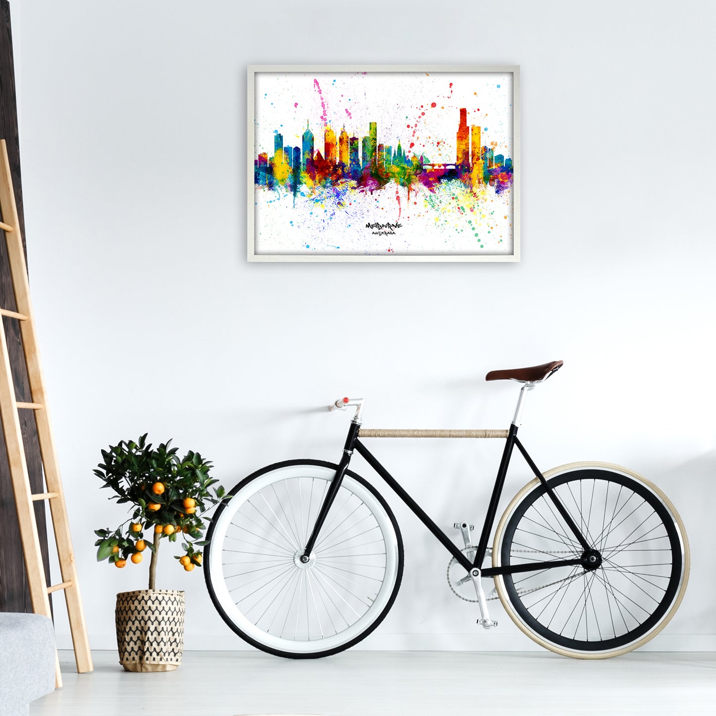 Melbourne Australia Skyline Splash Art Print by Michael Tompsett A1 Oak Frame