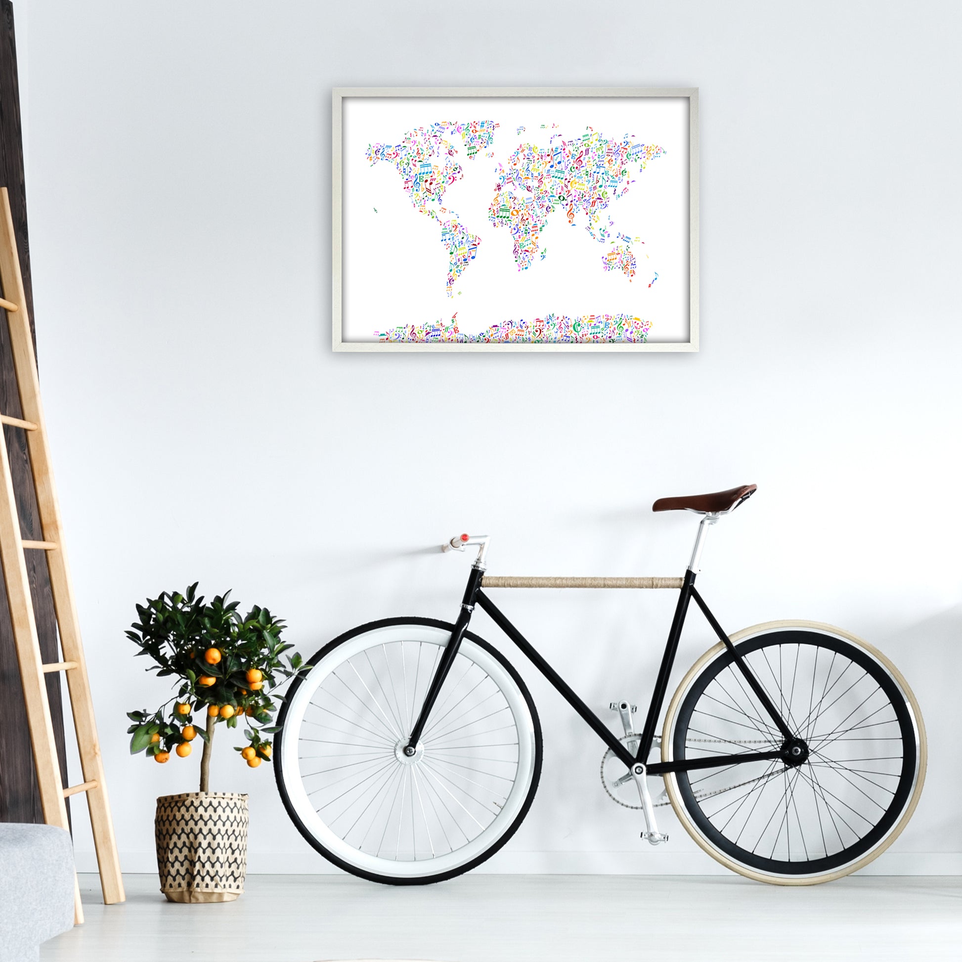 Music Notes Map of the World Colour Art Print by Michael Tompsett A1 Oak Frame