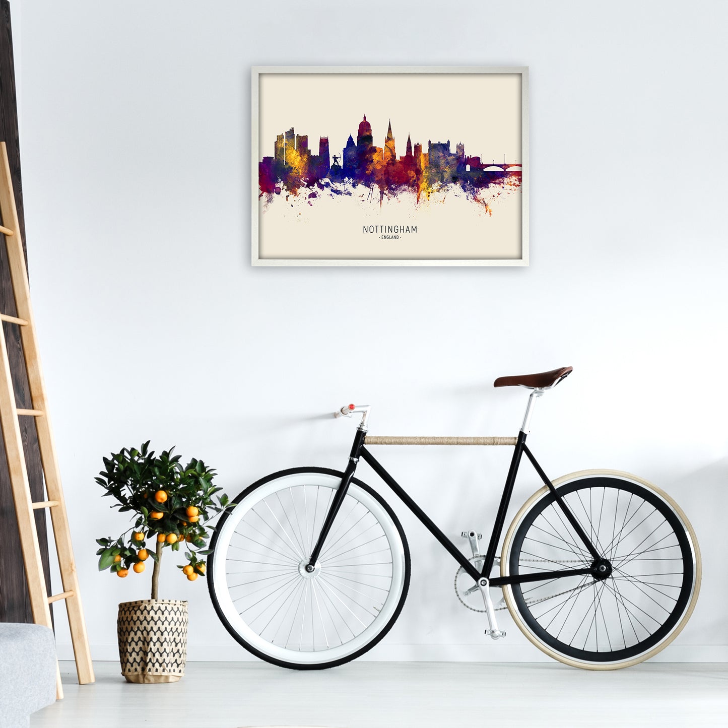 Nottingham England Skyline Autumn City Name Art Print by Michael Tompsett A1 Oak Frame
